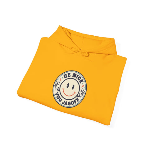 Be Nice You Jerk smiley crest Hoodie | cheeky slogan, vintage patch style