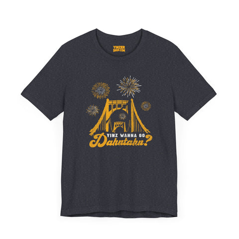 Yinz Wanna Go Dahntahn for Fireworks - Vintage Logo - Short Sleeve Tee T-Shirt Printify Heather Navy S 