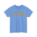 Sky blue Vintage Classic Pittsburgh tee with yellow text, unisex fit and crew neck for casual and sporty looks.