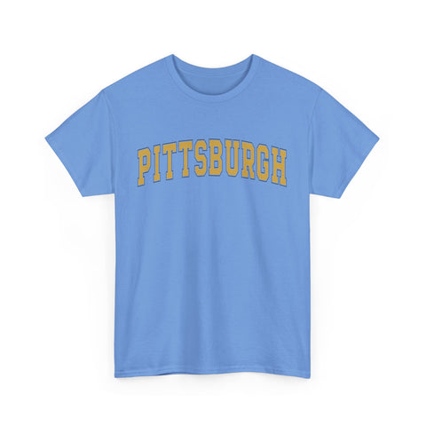 Sky blue Vintage Classic Pittsburgh tee with yellow text, unisex fit and crew neck for casual and sporty looks.