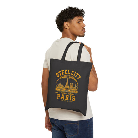 Steel City Paris Canvas Tote Bag — Vintage Eiffel Skyline Grocery Tote