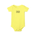 Bright yellow infant jersey one piece with humorous 'Cleveland smells like my diaper' text, fun baby gift idea.