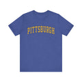 Vintage Classic Pittsburgh Short Sleeve T-Shirt in heather blue with yellow text, ideal for fans of retro city-themed apparel.