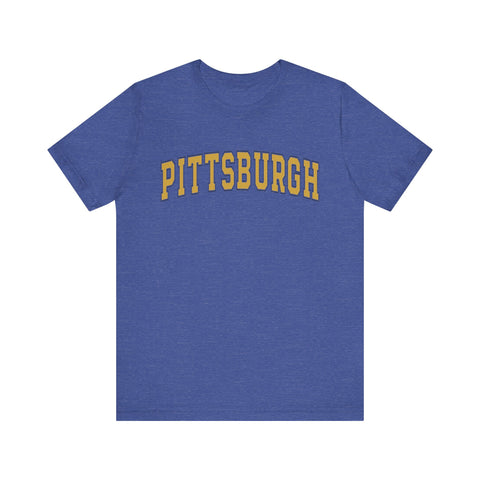 Vintage Classic Pittsburgh Short Sleeve T-Shirt in heather blue with yellow text, ideal for fans of retro city-themed apparel.