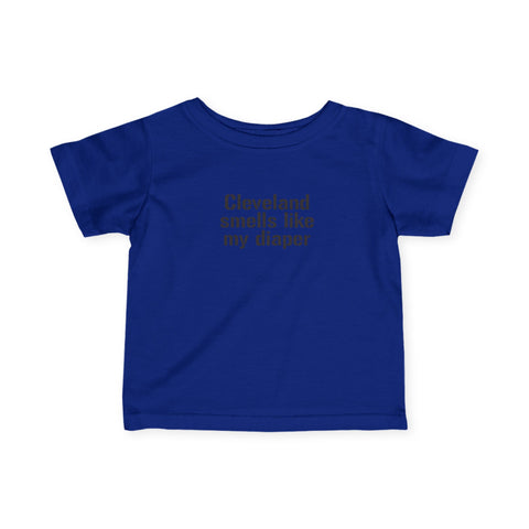 Royal blue Cleveland Smells Like My Diaper infant t-shirt with dark text, unisex and humorous baby clothing.
