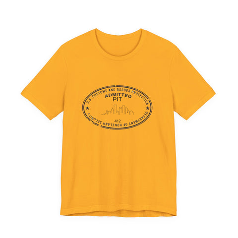 Pittsburgh Border Stamp - Short Sleeve T-Shirt in vibrant gold, featuring a bold black border stamp graphic, perfect for fast express delivery shoppers.