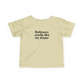 Beige infant T-shirt with 'Baltimore smells like my diaper' text, perfect for humorous baby apparel.