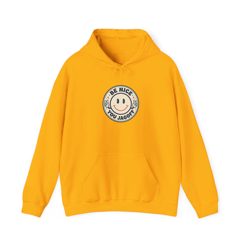 Be Nice You Jerk smiley crest Hoodie | cheeky slogan, vintage patch style