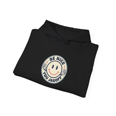 Be Nice You Jerk smiley crest Hoodie | cheeky slogan, vintage patch style