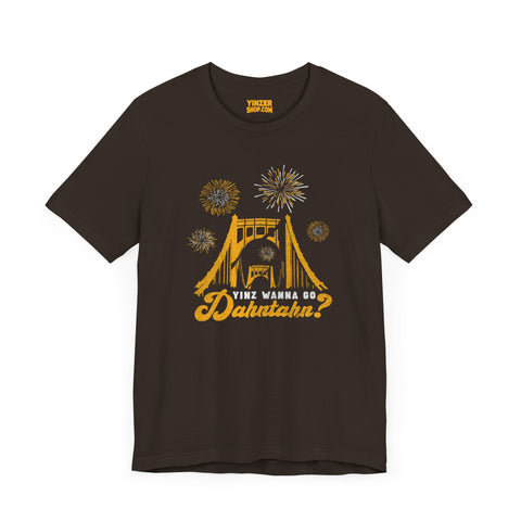 Yinz Wanna Go Dahntahn for Fireworks - Vintage Logo - Short Sleeve Tee T-Shirt Printify Brown S 