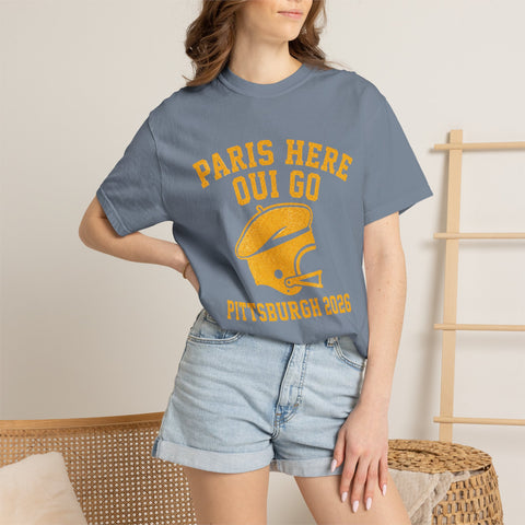 Paris Here We Go Pittsburgh 2026 French Beret Helmet on Premium Comfort Colors® T-Shirt