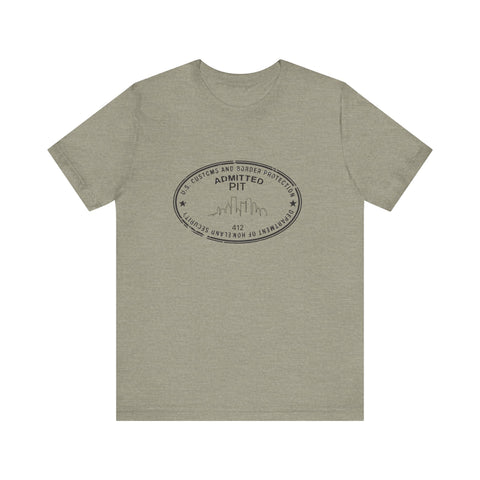 Pittsburgh Border Stamp - Short Sleeve T-Shirt in heather military green with black stamp print, perfect for casual slim fit fashion and fast delivery.