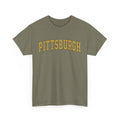Olive green unisex Pittsburgh t-shirt with vintage yellow text, made from heavy cotton and ideal for everyday outfits.