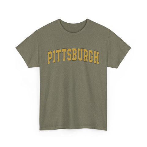 Olive green unisex Pittsburgh t-shirt with vintage yellow text, made from heavy cotton and ideal for everyday outfits.