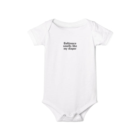 White baby onesie featuring 'Baltimore smells like my diaper' slogan, ideal for funny infant apparel in neutral tones.