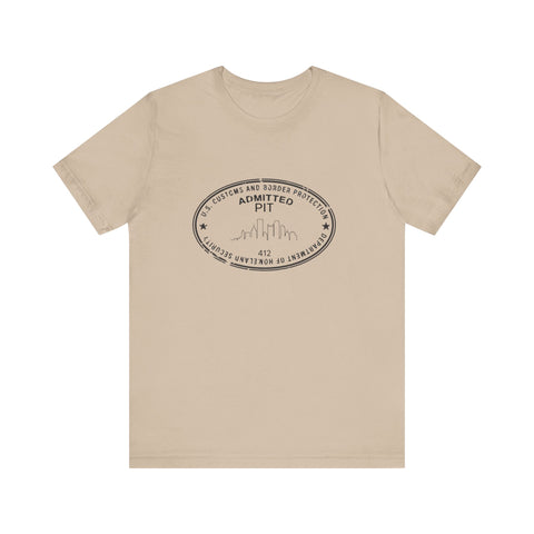 Pittsburgh Border Stamp - Short Sleeve T-Shirt in beige with black oval stamp print, ideal for casual wear and available with 2-day delivery.