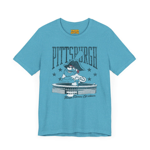 Pittsburgh Pirates Baseball Three River Stadium Retro Design - Short Sleeve Tee T-Shirt Printify Heather Aqua S 