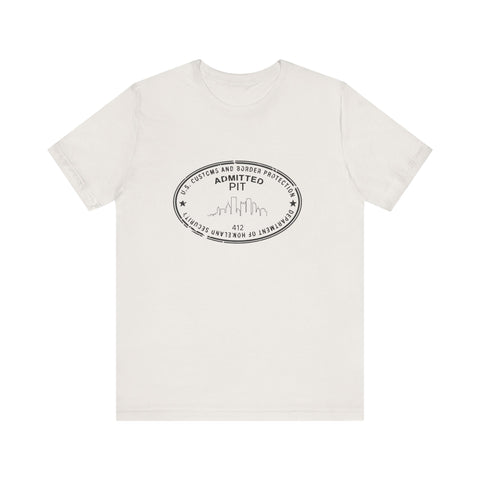 Pittsburgh Border Stamp - Short Sleeve T-Shirt in white with black oval stamp design, ideal for slim fit casual wear with fast delivery options.