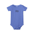 Heather blue infant onesie with 'Baltimore smells like my diaper' print, soft and amusing baby clothing for everyday wear.