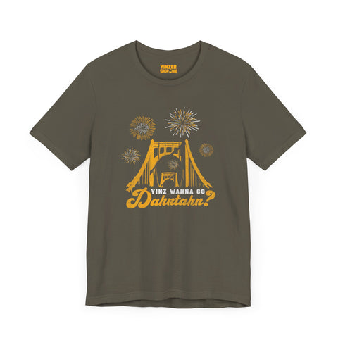 Yinz Wanna Go Dahntahn for Fireworks - Vintage Logo - Short Sleeve Tee T-Shirt Printify Army S 