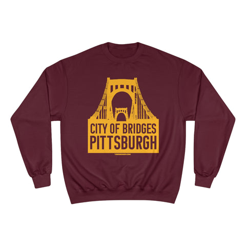 Pittsburgh, City of Bridges - Champion Crewneck Sweatshirt Sweatshirt Printify Maroon S 