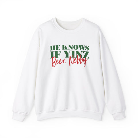 He Knows If Yinz Been Nebby - -Unisex Heavy Blend™ Crewneck Sweatshirt Sweatshirt Printify White S 