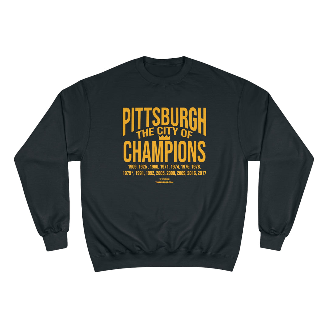 Pittsburgh, the City of Champions - Champion Crewneck Sweatshirt Sweatshirt Printify Black S 