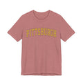 Front of heather rose Vintage Classic Pittsburgh Short Sleeve T-Shirt with yellow text, stylish and new release.