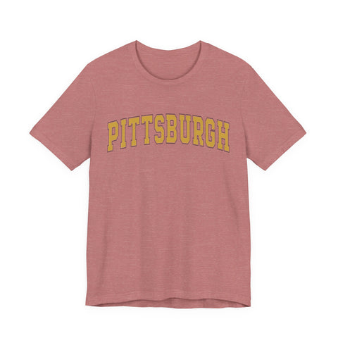 Front of heather rose Vintage Classic Pittsburgh Short Sleeve T-Shirt with yellow text, stylish and new release.