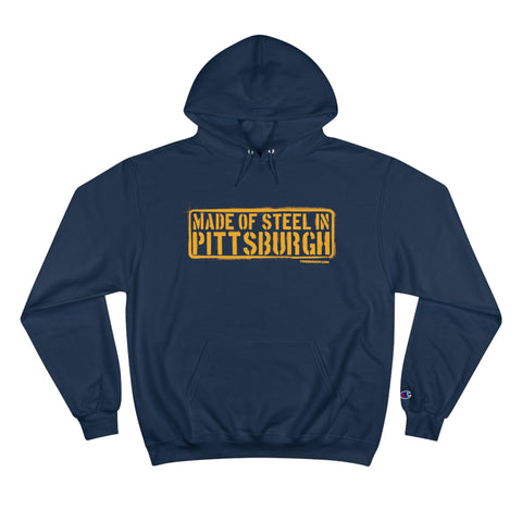 Made of Steel in Pittsburgh Hoodie Black - Champion Hoodie Hoodie Printify Navy S 