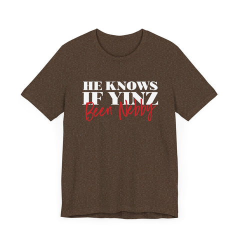 He Knows If Yinz Been Nebby - Pittsburgh Christmas Shirt T-Shirt Printify Heather Brown XS