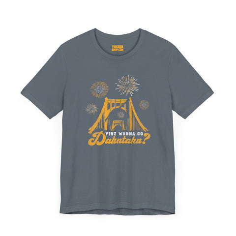 Yinz Wanna Go Dahntahn for Fireworks - Vintage Logo - Short Sleeve Tee T-Shirt Printify Steel Blue S 
