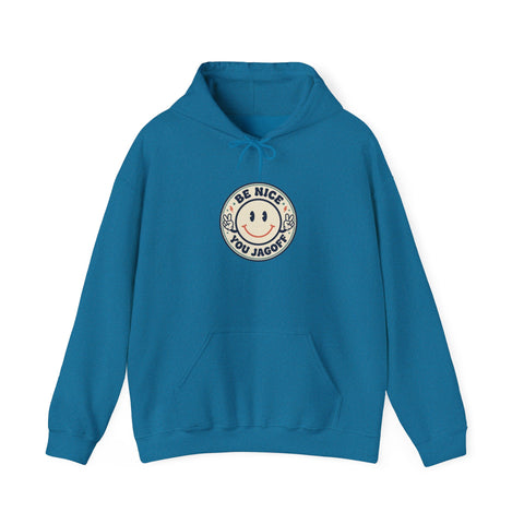 Be Nice You Jerk smiley crest Hoodie | cheeky slogan, vintage patch style