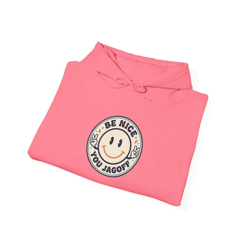 Be Nice You Jerk smiley crest Hoodie | cheeky slogan, vintage patch style