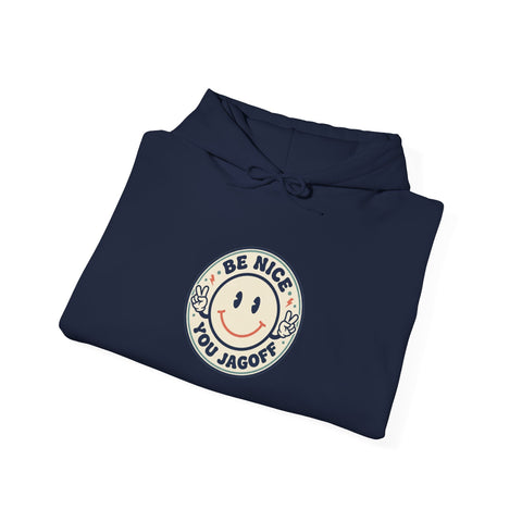 Be Nice You Jerk smiley crest Hoodie | cheeky slogan, vintage patch style