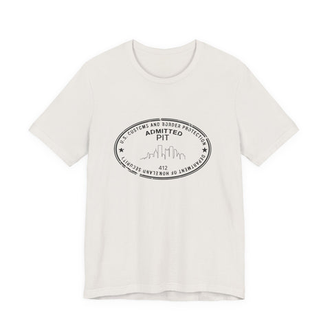 Pittsburgh Border Stamp - Short Sleeve T-Shirt in white modeled flat with black stamp design, ideal for fast delivery and slim fit shoppers.