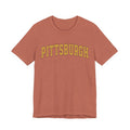 Front of heather clay Vintage Classic Pittsburgh Short Sleeve T-Shirt with yellow Pittsburgh text, ideal for casual looks.