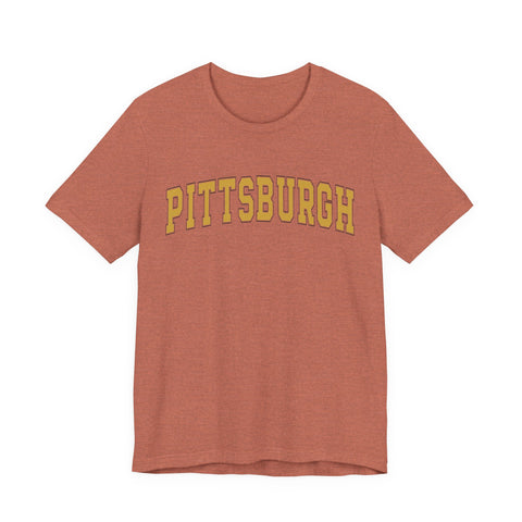 Front of heather clay Vintage Classic Pittsburgh Short Sleeve T-Shirt with yellow Pittsburgh text, ideal for casual looks.