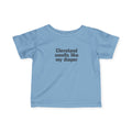 Light blue Cleveland Smells Like My Diaper infant jersey t-shirt with black text, fun and comfy baby wear.