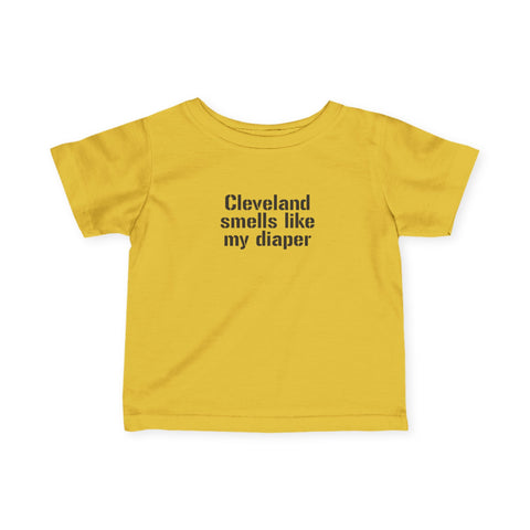 Yellow Cleveland Smells Like My Diaper infant jersey t-shirt with black text, playful and soft baby apparel.
