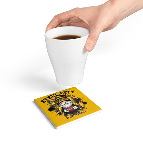 Steel City Gnome Ceramic Coaster – Pittsburgh Football Cork-Back Drink Mat