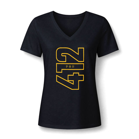 412 Bold Vertical Number Women's V-neck Tshirt  — Minimalist Monochrome Graphic T-Shirt