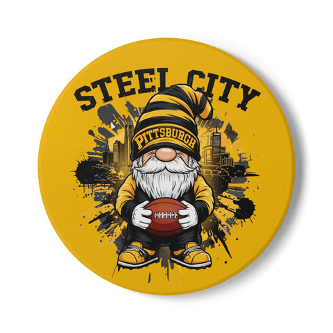 Steel City Gnome Ceramic Coaster – Pittsburgh Football Cork-Back Drink Mat