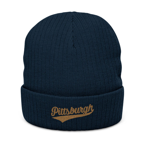 Pittsburgh Embroidered Ribbed Knit Beanie — Cozy City Script Winter Hat