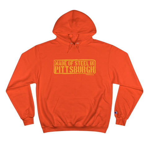 Made of Steel in Pittsburgh Hoodie Black - Champion Hoodie Hoodie Printify Orange S 