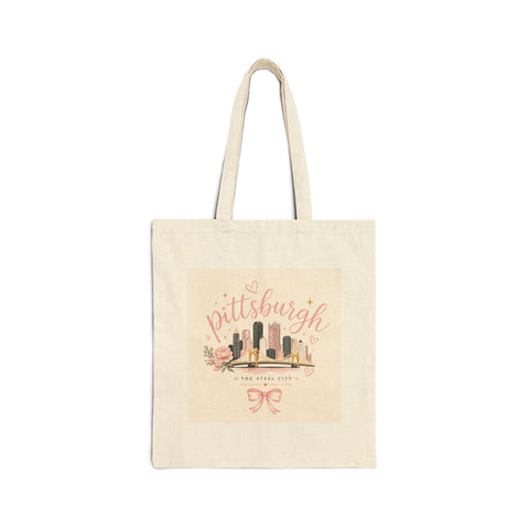 Pittsburgh Girly Bow Pink Tote Bag — Cute City Pride Canvas Tote