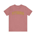 Vintage Classic Pittsburgh Short Sleeve T-Shirt in heather rose with yellow lettering, slim fit style for a trendy casual look.