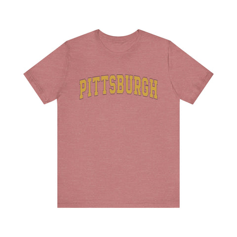 Vintage Classic Pittsburgh Short Sleeve T-Shirt in heather rose with yellow lettering, slim fit style for a trendy casual look.