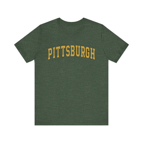 Forest green Vintage Classic Pittsburgh Short Sleeve T-Shirt with yellow text, perfect for casual wear and new product collections.