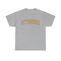 Flat lay of sport grey Vintage Classic Pittsburgh tee with yellow text, unisex fit and crew neck for versatile styling.